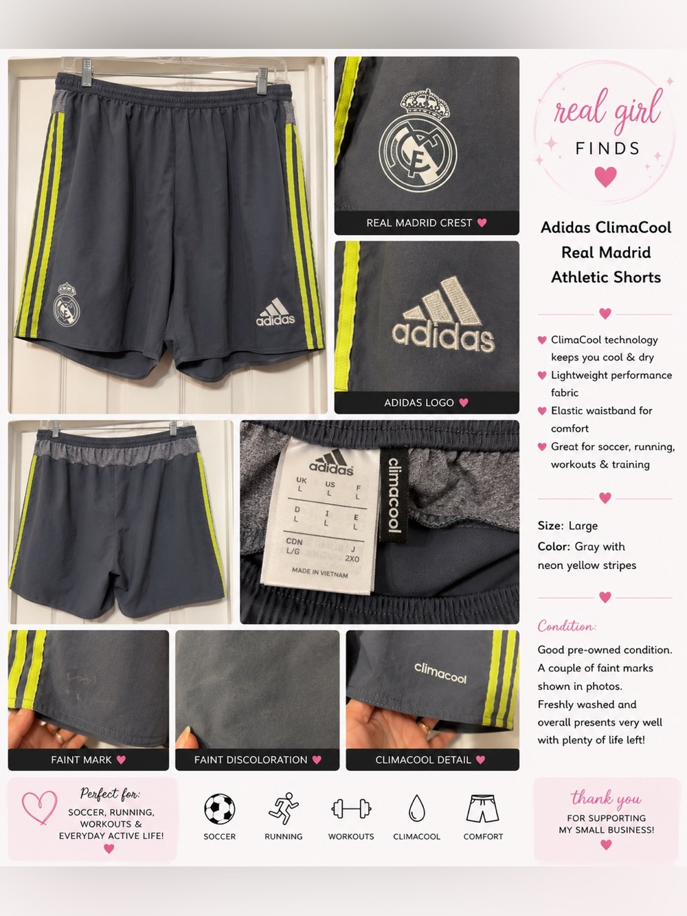 adidas Gray Athletic Shorts with Neon Yellow Stripes – Real Madrid Crest